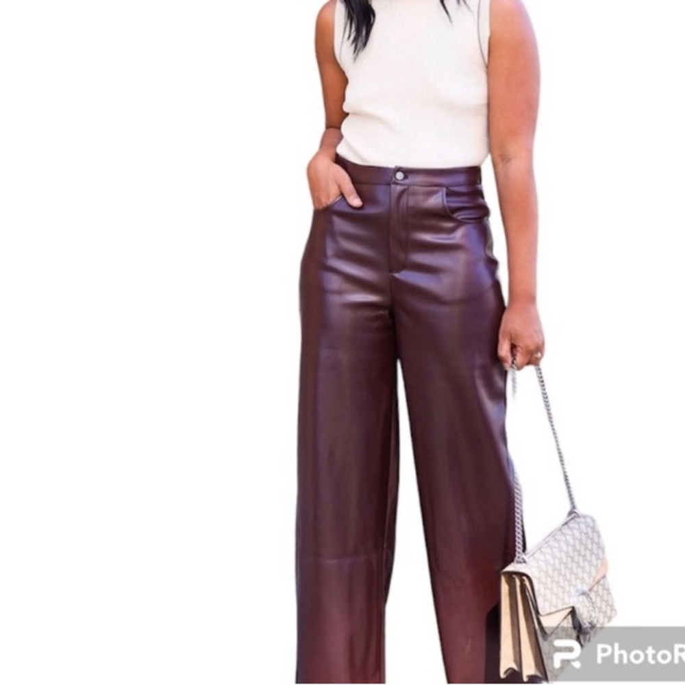 Misguided Faux leather wide leg pants, maroon color, size 8